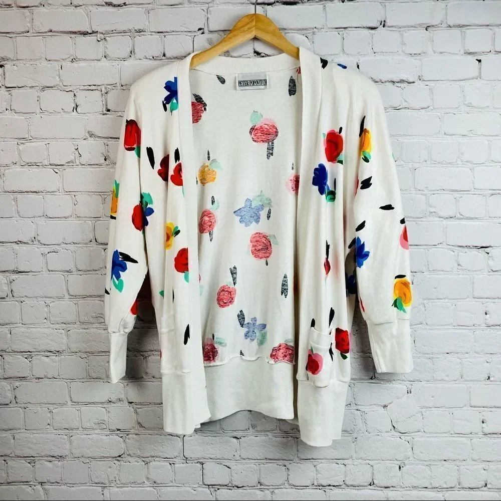 VTG 80s Peter Popovich Floral Print Varsity Cotton Blend Cardigan Sweater